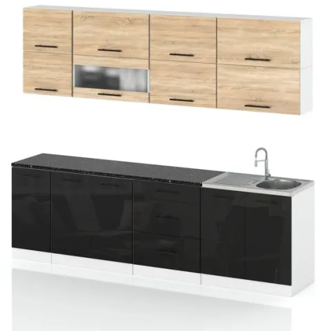 Meble Kuchenne Nowoczesne Kuchnia Robo Lux 2.6m Szafki Sonoma Czarny Połysk