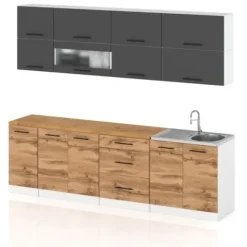 Meble Kuchenne Szare Z Drewnem Kuchnia Robo Lux 2.6m Modułowa Dąb Wotan