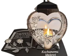 MĄŻ MĘŻOWI ZNICZ LAMPION NA GRÓB SERCE I SERCE SREBRO SKOS SENTENCJA+ŚWIECA