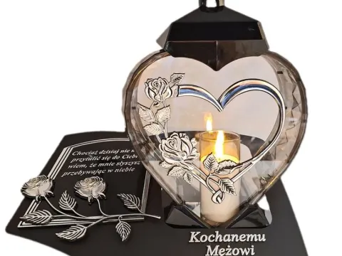 MĄŻ MĘŻOWI ZNICZ LAMPION NA GRÓB SERCE I SERCE SREBRO SKOS SENTENCJA+ŚWIECA