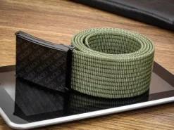 Męski KHAKI Pasek CZARNA Zaciskowa KLAMRA Krótki do SPODNI 95cm
