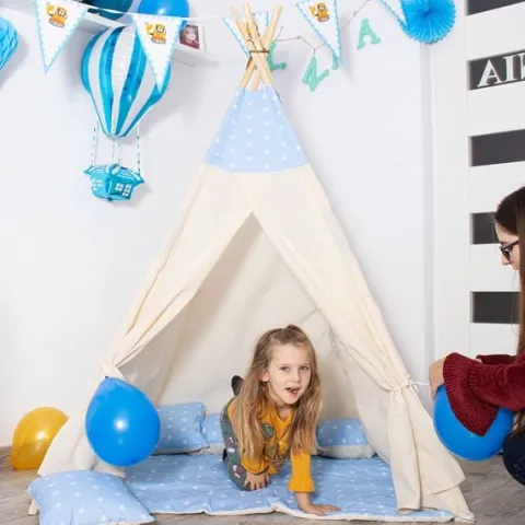 Namiot Tipi dla dzieci wigwam błękitny w gwiazdki XXL