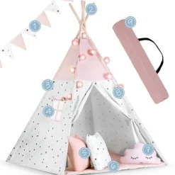Namiot tipi dla dzieci z girlandą i światełkami Nukido - różowy