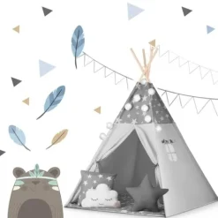Namiot tipi dla dzieci z girlandą i światełkami Nukido - szare w gwiazdki