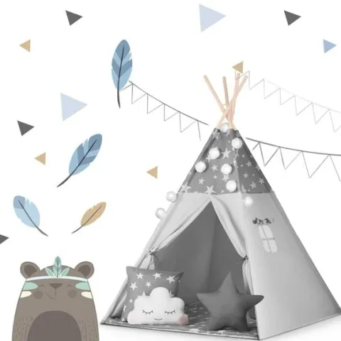 Namiot tipi dla dzieci z girlandą i światełkami Nukido - szare w gwiazdki