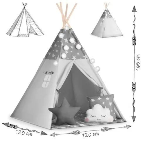Namiot tipi dla dzieci z girlandą i światełkami Nukido - szare w gwiazdki