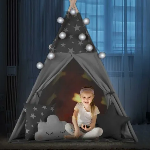 Namiot tipi dla dzieci z girlandą i światełkami Nukido - szare w gwiazdki