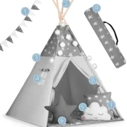 Namiot tipi dla dzieci z girlandą i światełkami Nukido - szare w gwiazdki