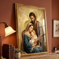 Obraz Święta Rodzina w Złotej Drewnianej Ramie Duży 50x70 Prezent na Ślub