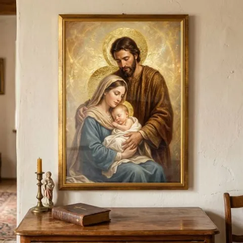 Obraz Święta Rodzina w Złotej Drewnianej Ramie Duży 50x70 Prezent na Ślub