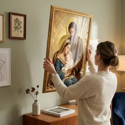 Obraz Święta Rodzina w Złotej Drewnianej Ramie Duży 50x70 Prezent na Ślub
