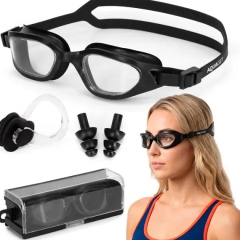 Okulary do pływania z zatyczkami do uszu, nosa zestaw okularki na basen UV Anti-fog
