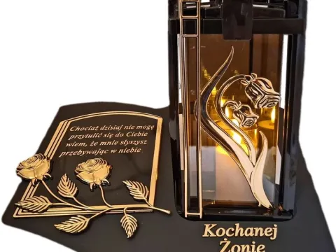 ŻONA ŻONIE ZNICZ LAMPION NA GRÓB PLK RÓŻA ZŁ CZARNY SKOS SENTENCJA+ ŚWIECA
