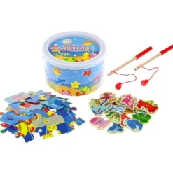 Łowienie Rybek Gra Zręcznościowa dla Dzieci Drewniana Magnes Wędki Puzzle