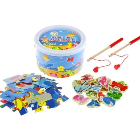 Łowienie Rybek Gra Zręcznościowa dla Dzieci Drewniana Magnes Wędki Puzzle