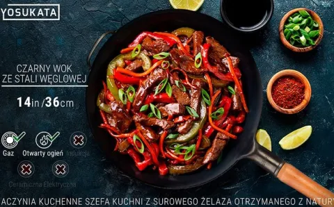 Patelnia wok azjatycka 36 cm czarna – stal węglowa, na gaz, okrągłe dno, BB