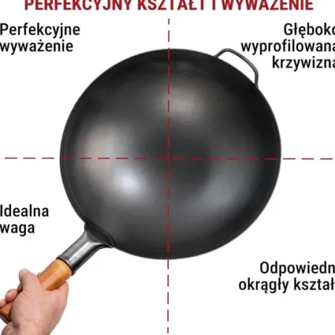 Patelnia wok azjatycka 36 cm czarna – stal węglowa, na gaz, okrągłe dno, BB