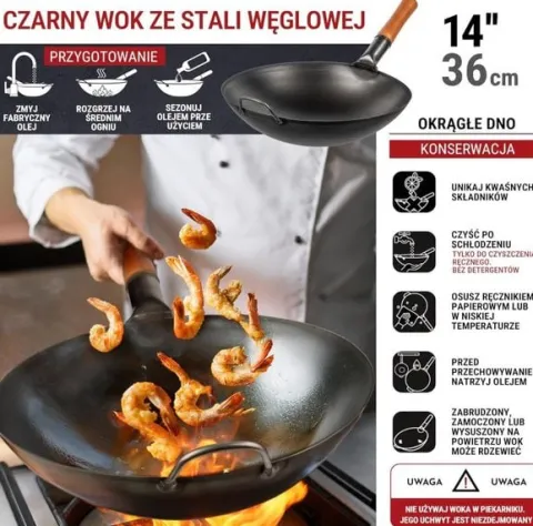 Patelnia wok azjatycka 36 cm czarna – stal węglowa, na gaz, okrągłe dno, BB