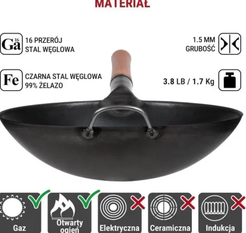 Patelnia wok azjatycka 36 cm czarna – stal węglowa, na gaz, okrągłe dno, BB