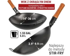 Patelnia wok azjatycka 36 cm czarna – stal węglowa, na gaz, okrągłe dno, BB