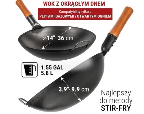 Patelnia wok azjatycka 36 cm czarna – stal węglowa, na gaz, okrągłe dno, BB