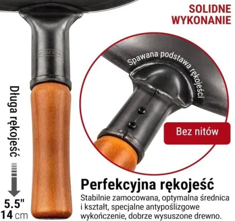Patelnia wok azjatycka 36 cm czarna – stal węglowa, na gaz, okrągłe dno, BB