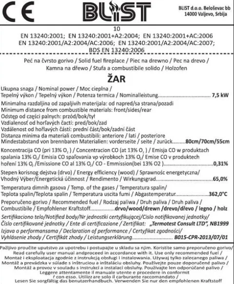 Piec Blist piecyk koza kominek ŻAR 8kW żeliwny