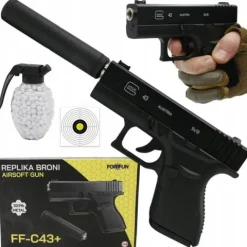 PISTOLET NA KULKI PLASTIKOWE GLOCK METAL Z TŁUMIKIEM ASG 6mm GRATIS KULKI