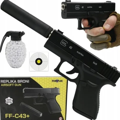 PISTOLET NA KULKI PLASTIKOWE GLOCK METAL Z TŁUMIKIEM ASG 6mm GRATIS KULKI