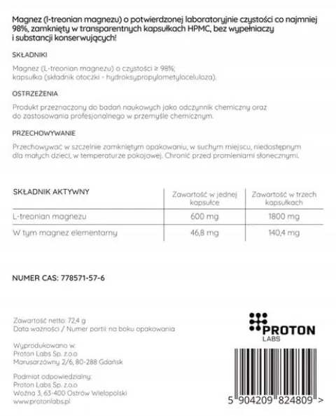 PROTON LABS L-treonian Magnezu 600mg 100 kapsułek Czysty Treonian Threonate