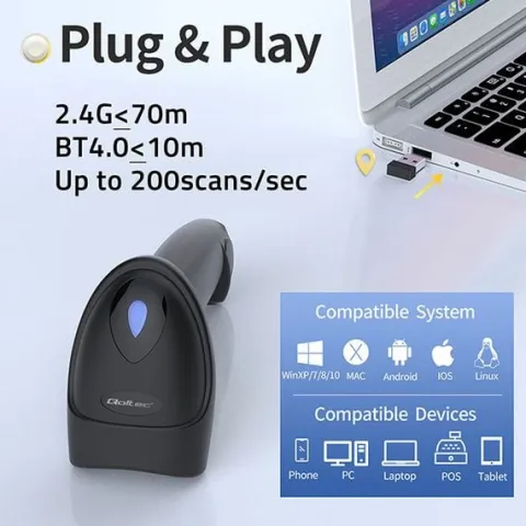 Qoltec Skaner czytnik kodów kreskowych i QR | 1D 2D | USB | Bluetooth