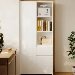 Regał na książki biurowy 3 szuflady nowoczesny loft biały wysoki z półkami
