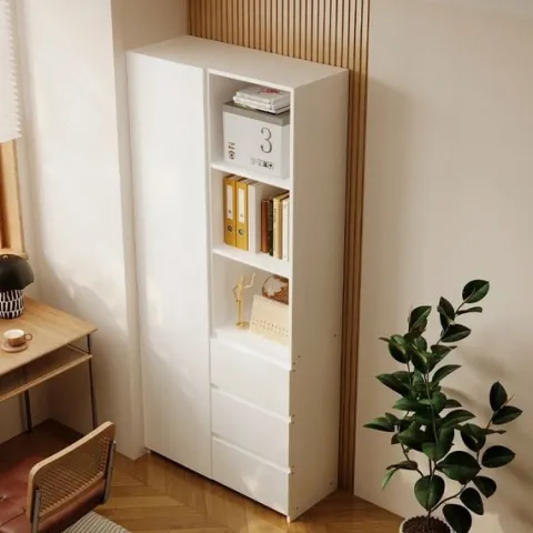 Regał na książki biurowy 3 szuflady nowoczesny loft biały wysoki z półkami