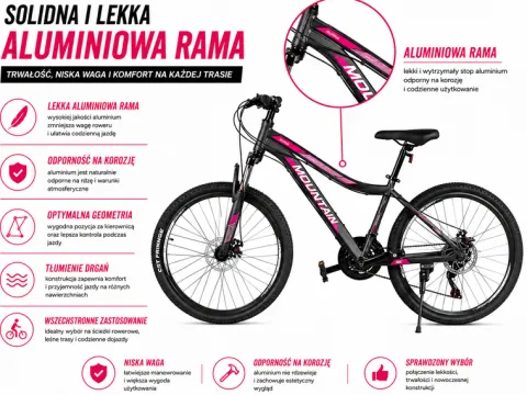 ROWER GÓRSKI MTB 26 AMORTYZACJA KOMUNIĘ DZIEWCZYNKI CHŁOPCA 130-160cm ALU