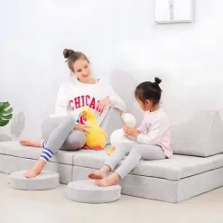 Sofa Składana Modułowa dla Dzieci Duża 2 Osobowa 10 Miękkich Poduch - Szara