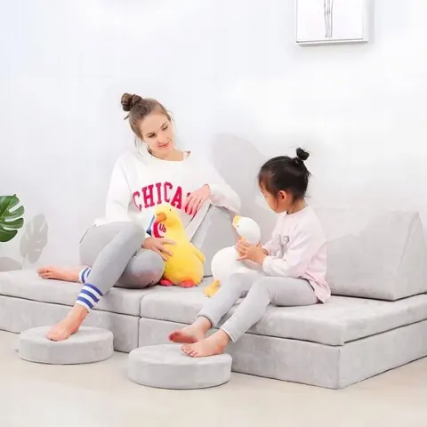 Sofa Składana Modułowa dla Dzieci Duża 2 Osobowa 10 Miękkich Poduch - Szara