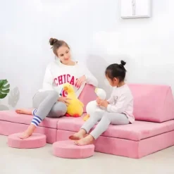 Sofa Składana Modułowa dla Dzieci Duża 2 Osobowa 10 Miękkich Poduch Różowa