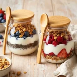 Słoik na jogurt i desery z pokrywką i łyżeczką bambusową 440 ml 2 szt.