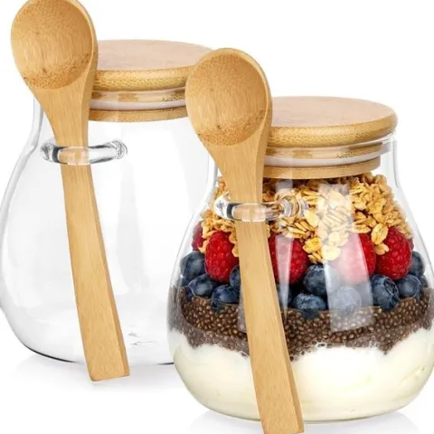 Słoik na jogurt i desery z pokrywką i łyżeczką bambusową 440 ml 2 szt.