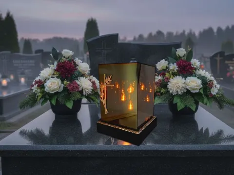SOLAR SOLARNY FOTOWOLTAICZNY ZNICZ LAMPION KWT GIGANT 3D KRZYŻ SREBRO