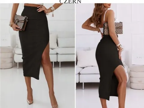 Spódnica ołówkowa prążkowana z rozcięciem dopasowana prążek modna L/XL