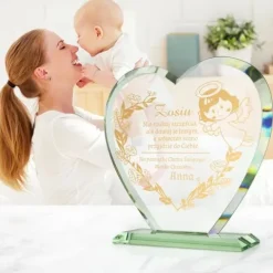 STATUETKA SERCE ze szkła PREZENT na CHRZEST złoty GRAWER ANIOŁKA