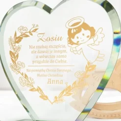 STATUETKA SERCE ze szkła PREZENT na CHRZEST złoty GRAWER ANIOŁKA