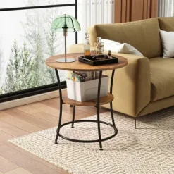 Stolik kawowy ława okrągły z półką brąz loft 55 cm