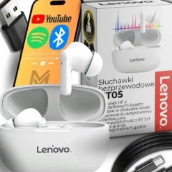 SŁUCHAWKI BEZPRZEWODOWE BLUETOOTH LENOVO HT05 Z POWERBANKIEM NOWY MODEL 5.1