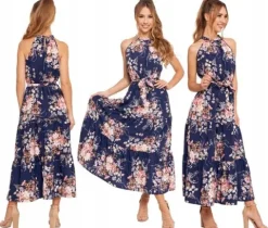 SUKIENKA DAMSKA Długa Elegancka Maxi Bez Rękawów w Kwiaty Letnia MORAJ XL