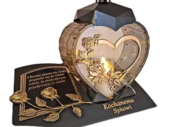 SYN SYNOWI ZNICZ LAMPION NA GRÓB SERCE I SERCE ZŁOTO SKOS SENTENCJA+ŚWIECA