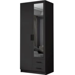Szafa ADA II 80 cm - pojemna garderoba z lustrem - CZARNY+CZARNY