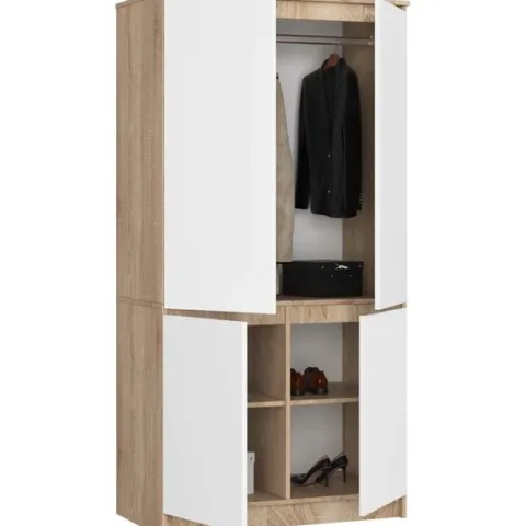 Szafa do sypialni 90 cm 4 drzwi 4 półki - dąb sonoma biała