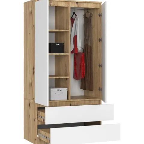 Szafa S 90 cm 2 drzwi 2 szuflady - dąb artisan-biała